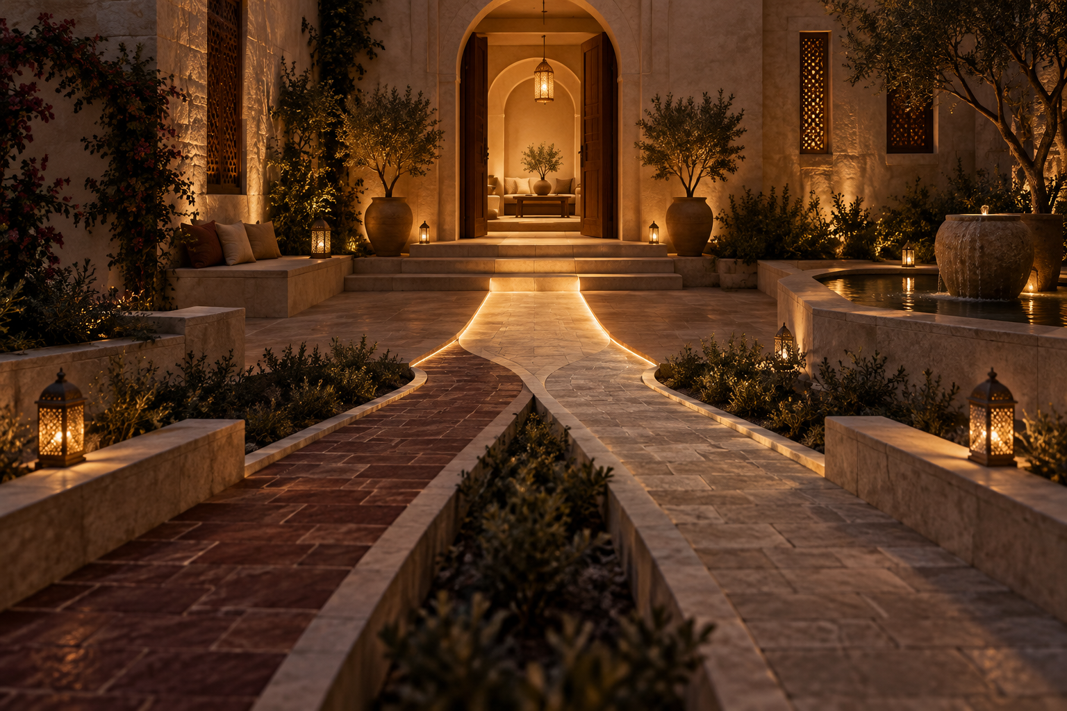 Two illuminated paths joining in a warm courtyard