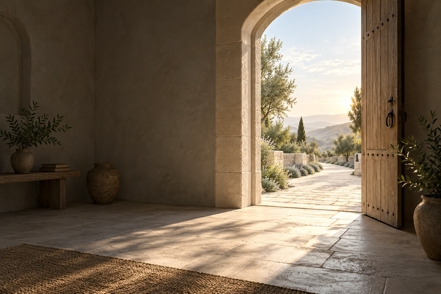 An open doorway filled with gentle morning light