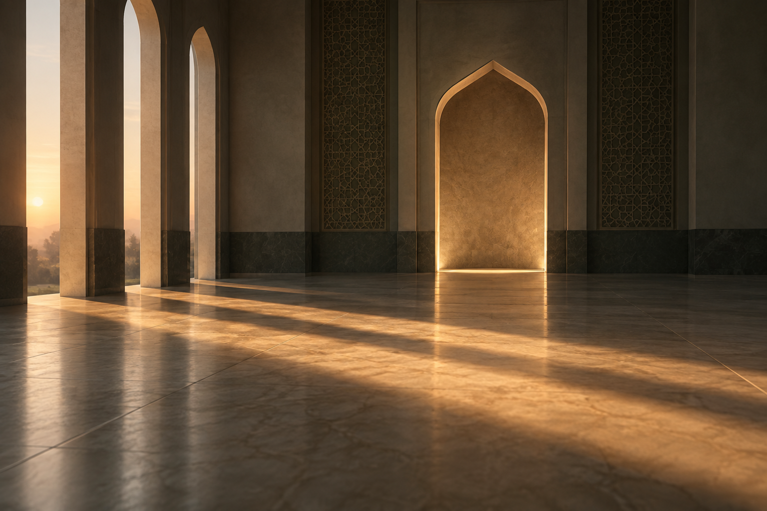 A focused path of dawn light across a quiet prayer space