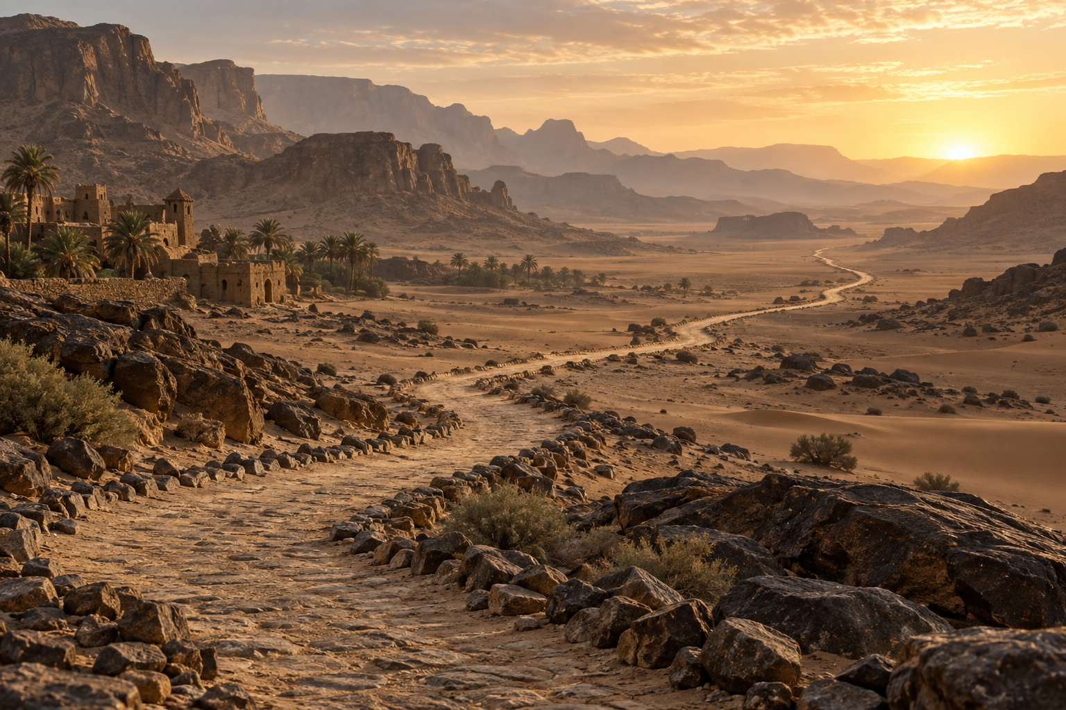 A desert path winding toward a bright horizon