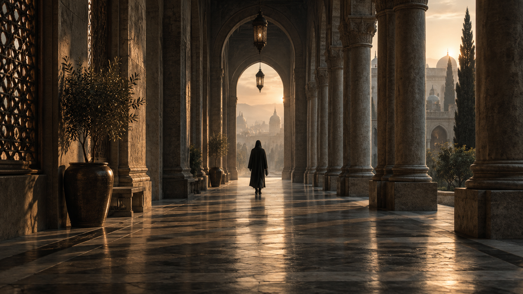 A solitary figure walking through a quiet stone passage