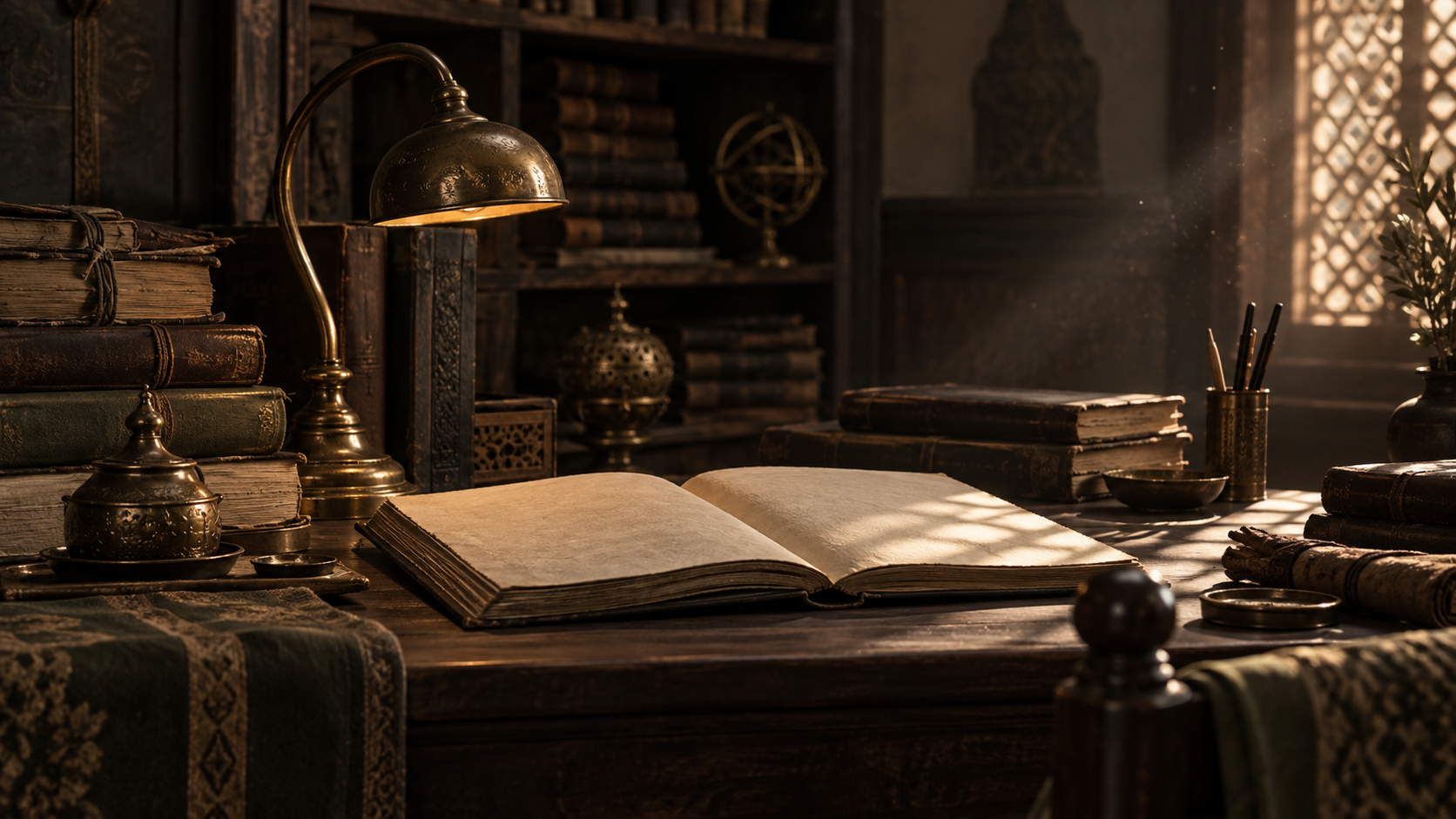 A quiet scholarly desk with historic manuscripts