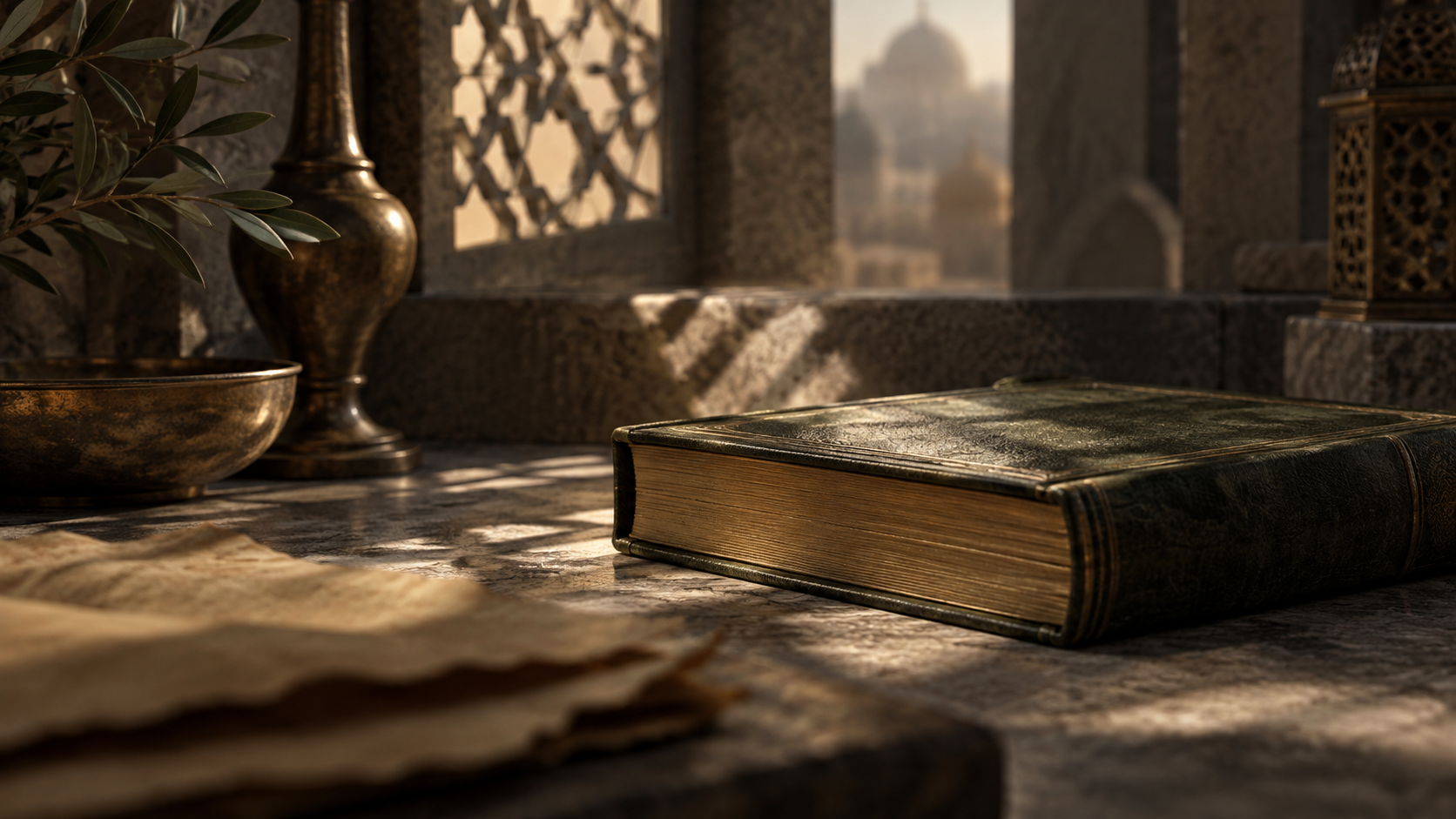 A manuscript resting in warm geometric light