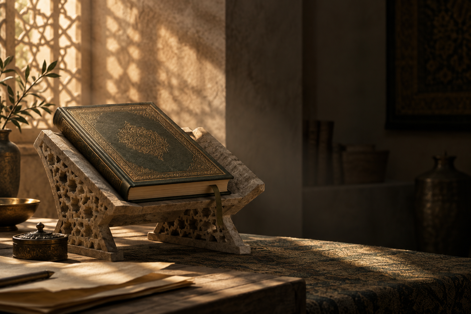A closed Qur'an on a carved stand in warm morning light
