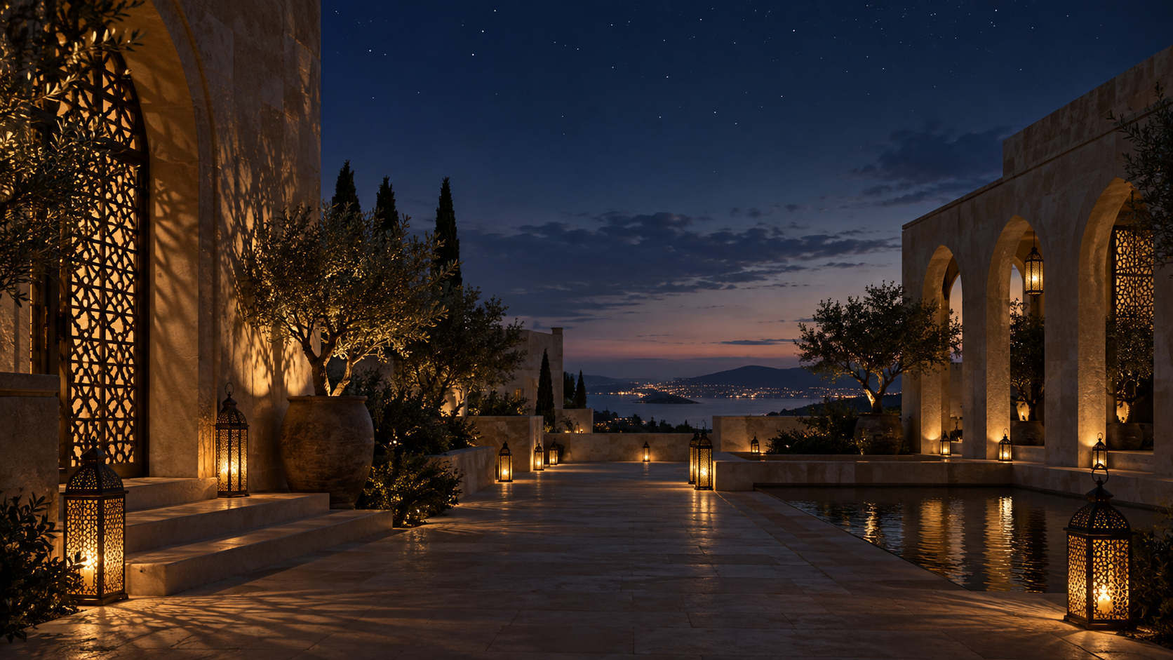 A tranquil stone courtyard lit by lanterns beneath a night sky